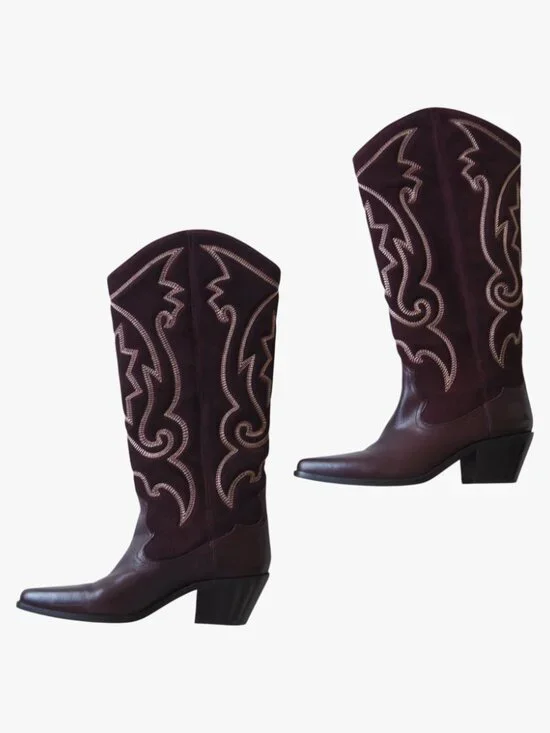 (LIKE NEW) ZARA | 100% LEATHER "EMBROIDERED LEATHER COWBOY BOOTS" - Picture 2 of 5